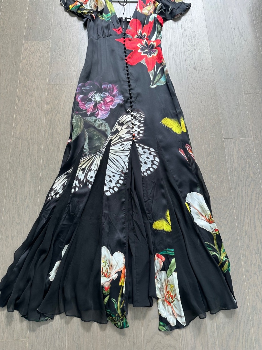 Alice + Olivia FARA Black Floral Butterfly Flutter Sleeve Maxi Dress - Size 2 - Picture 3 of 12